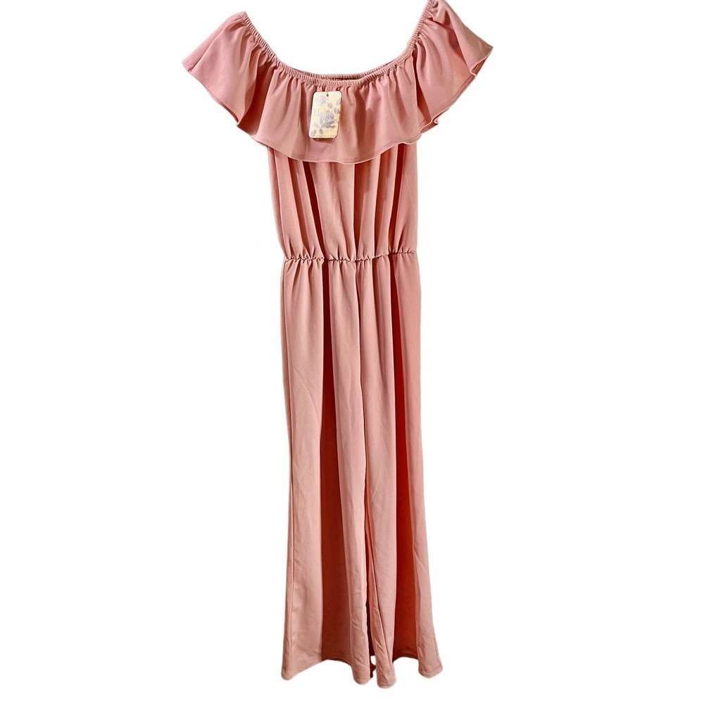 NWT SZ M Blush Off The Shoulder Ruffle Top High Waist Wide Leg Romper